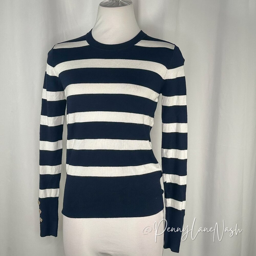 Zara Striped Buttoned Cuffs Sweater Small S Navy/White